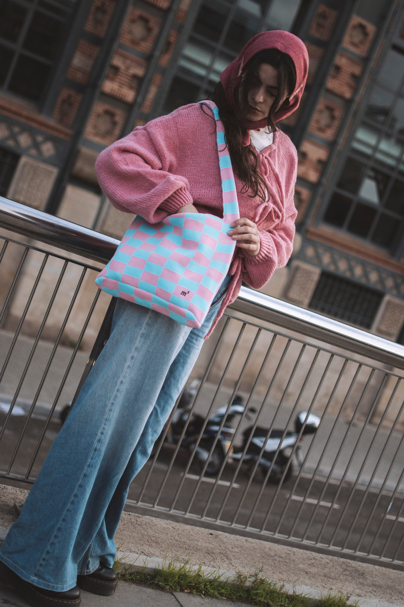 CHECKED SHOULDER BAG - PINK & SKY BLUE