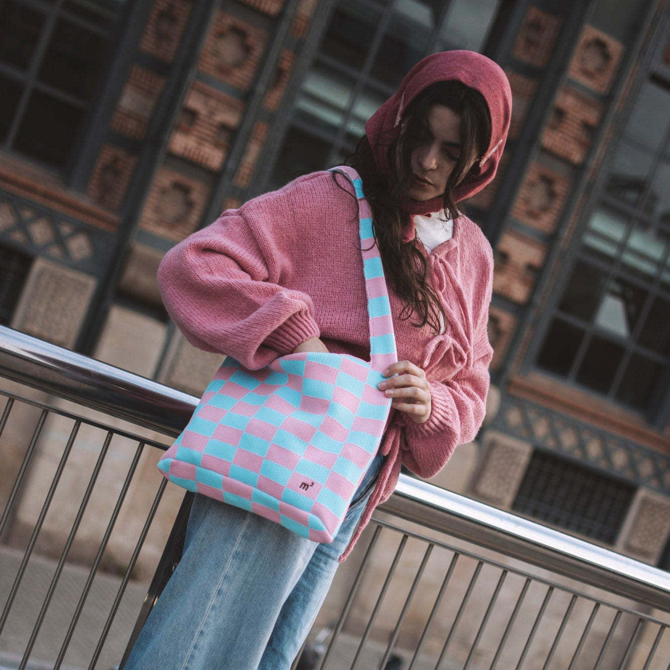 CHECKERED SHOULDER BAG - PINK & SKY BLUE