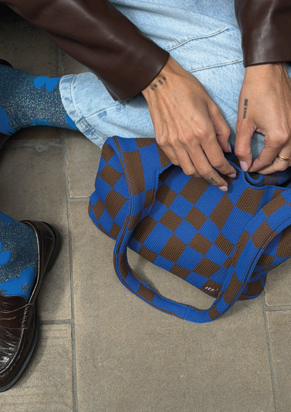 CHECKED SHOULDER BAG - BLUE&BROWN