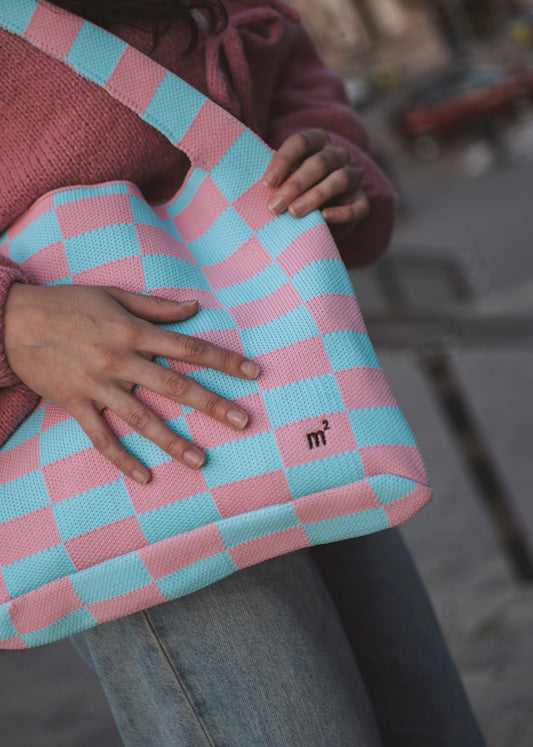 CHECKED SHOULDER BAG - PINK & SKY BLUE