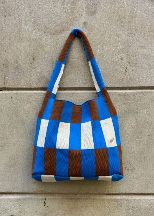 BLOCK PATTERN SHOULDER BAG - BLUE&BROWN