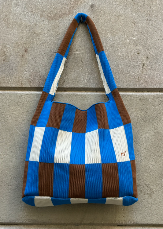 BLOCK PATTERN SHOULDER BAG - BLUE&BROWN