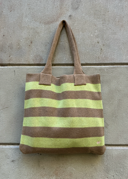 STRIPED TOTE BAG - TAN&LIME