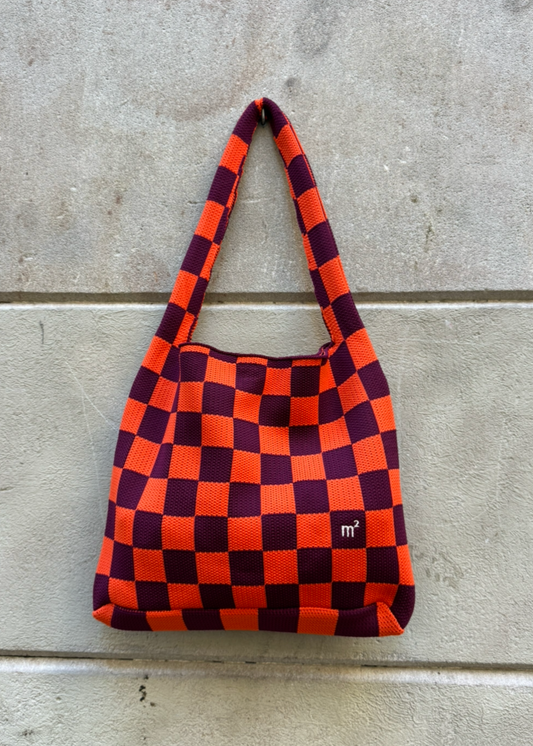 CHECKERED SHOULDER BAG - ORANGE&AUBERGINE
