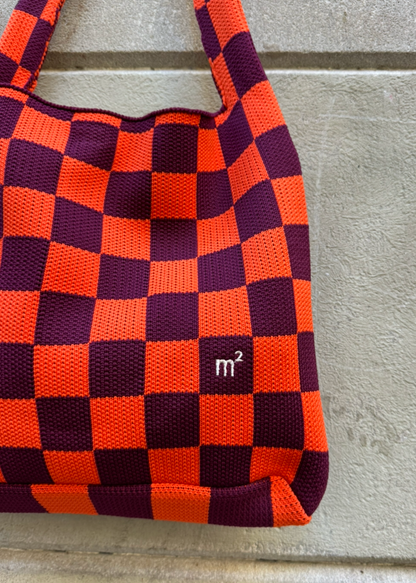 CHECKERED SHOULDER BAG - ORANGE&AUBERGINE