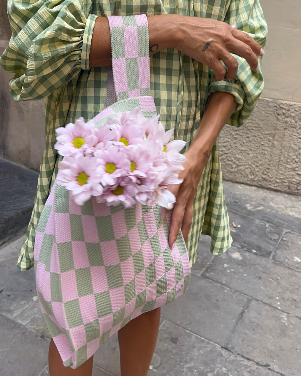 CHECKERED MARKET BAG - STRAWBERRY&PISTACCHIO