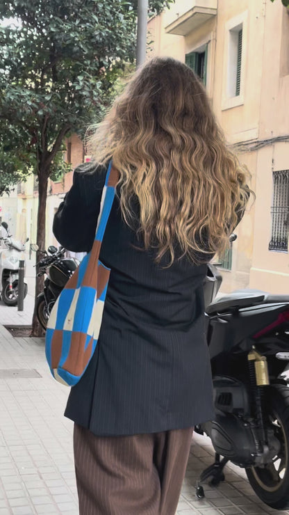 BLOCK PATTERN SHOULDER BAG - BLUE&BROWN