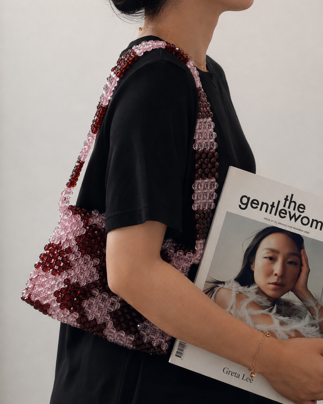 CHECKERED BEADED BAG / BURGUNDY - PRE ORDER